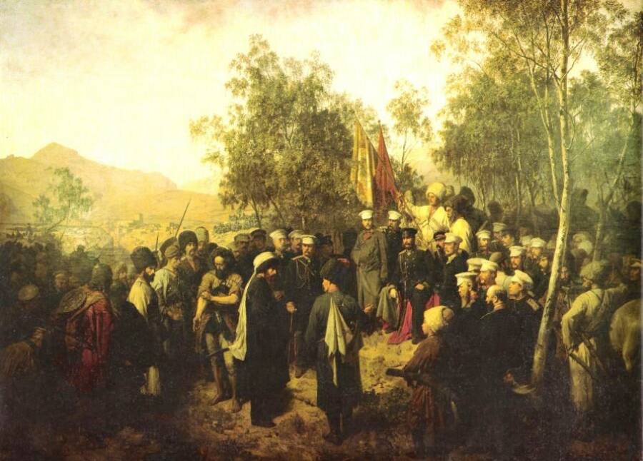 Теодор Горшельт, 1863 год, «Пленный Шамиль перед главнокомандующим князем А. И. Барятинским 25 августа 1859 года»