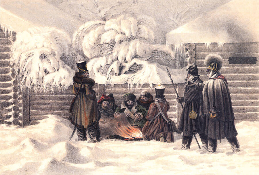 «Бивак в Красном, 16 ноября 1812 года». Литография с рисунка художника Христиана Вильгельма фон Фабера дю Фора, 1830-е гг.
