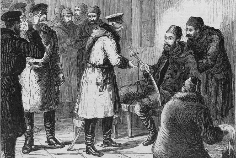 Осман-паша вручает саблю генералу И. В. Ганецкому, 1877 год. Рис. С. Шамота, грав. Б. Брауне
