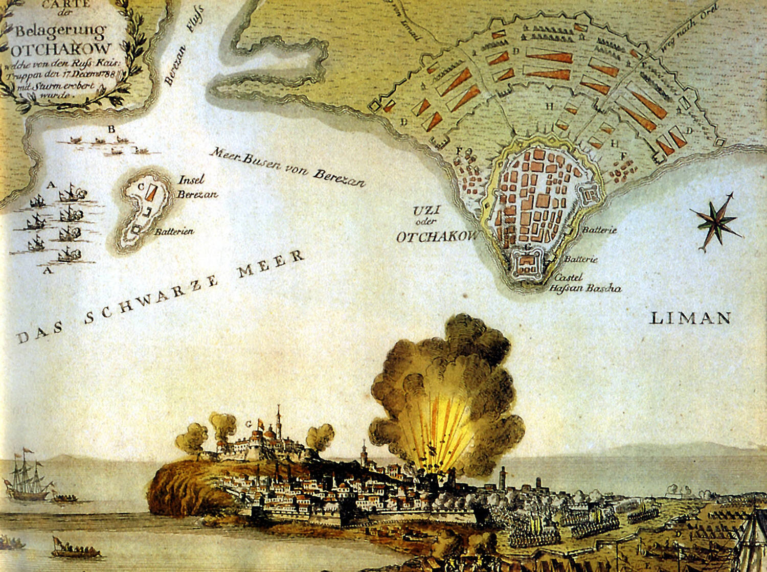 План турецкой крепости Очаков, взятой русскими войсками 6 декабря 1788 г. 1790-е гг. Раскрашенная гравюра. Австрия (CC BY 4.0)