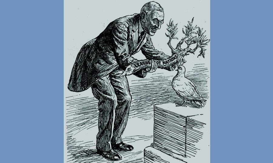 Британская карикатура 1919 года на президента Вудро Вильсона, дарующего голубю мира оливковую ветвь с надписью «Лига Наций». Последний явно озадачен столь тяжёлой ношей.