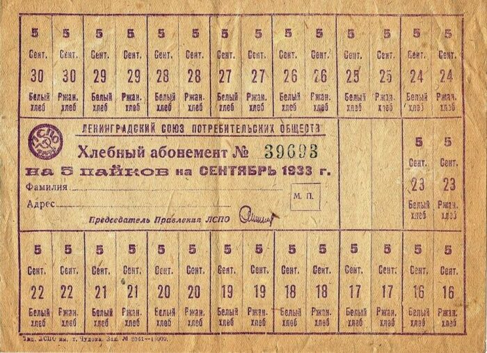 Советская продуктовая карточка 1933 года