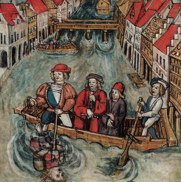 Испытание водой. Миниатюра из швейцарской хроники «Luzerner Schilling». XVI век