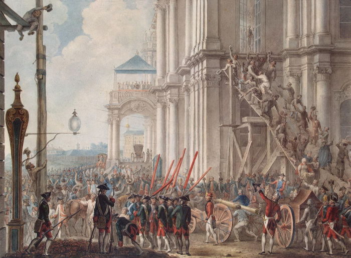 Екатерина II на балконе Зимнего дворца, приветствуемая гвардией и народом в день переворота