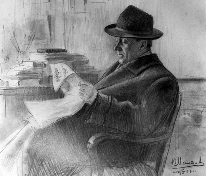 «Писатель Борис Полевой». Рисунок художника Юрия Масютина, 18 апреля 1953 года