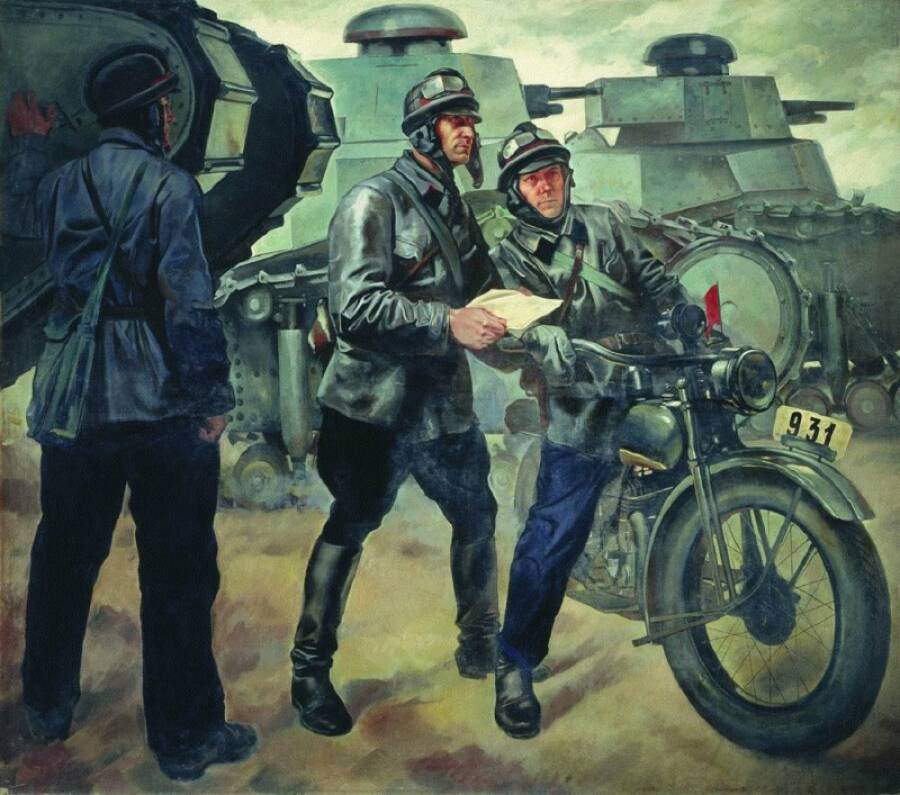 «Танкисты». Картина художника-баталиста Петра Шумихина, 1928 год. Примечательно, что на картине изображены танки третьей производственной серии, имевшие башни с кормовой нишей