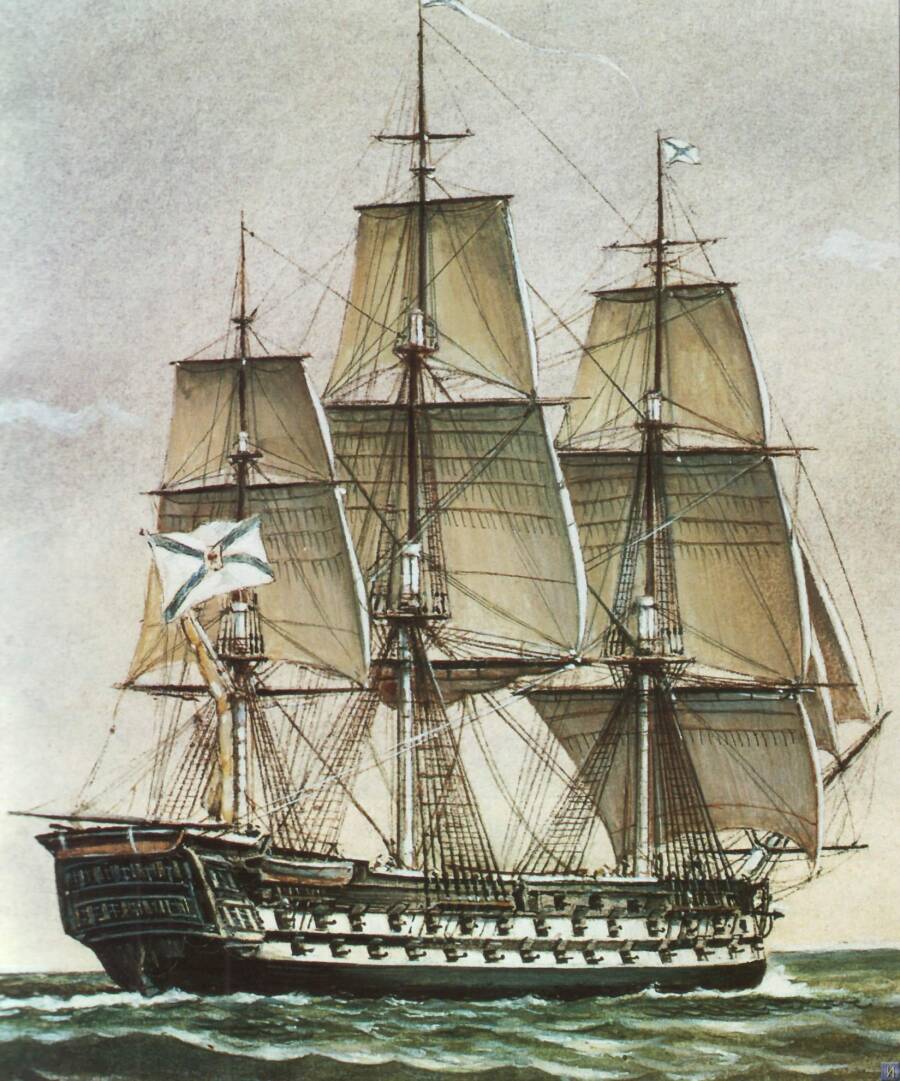 Фрегат «Крейсер». Корабль строился на Соломбальской верфи в Архангельске под наблюдением капитана 2 ранга М. П. Лазарева