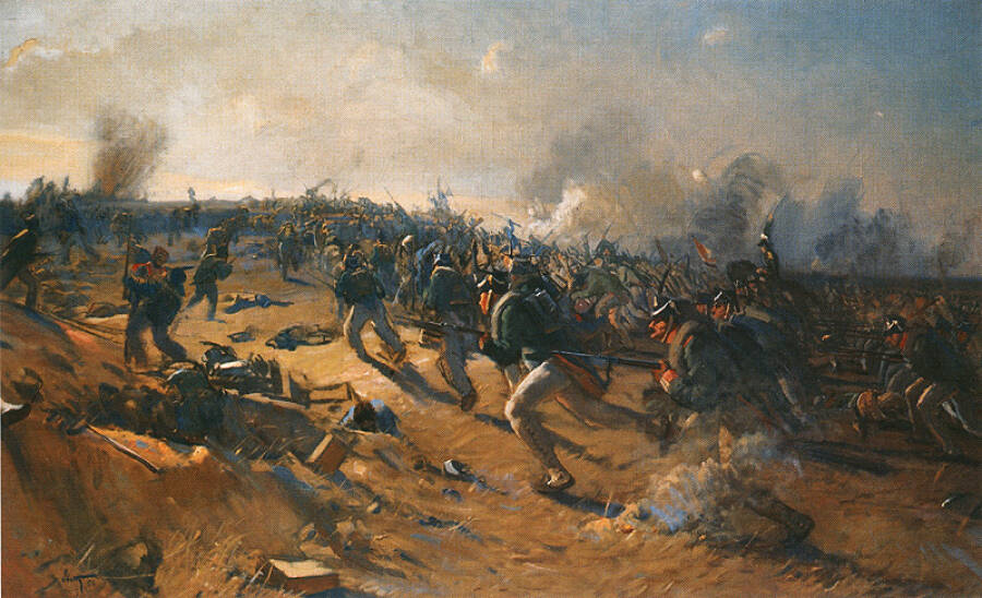 «2-я гренадерская дивизия отбивает Шевардинский редут». Картина художника Ивана Евстигнеева, 1956 год