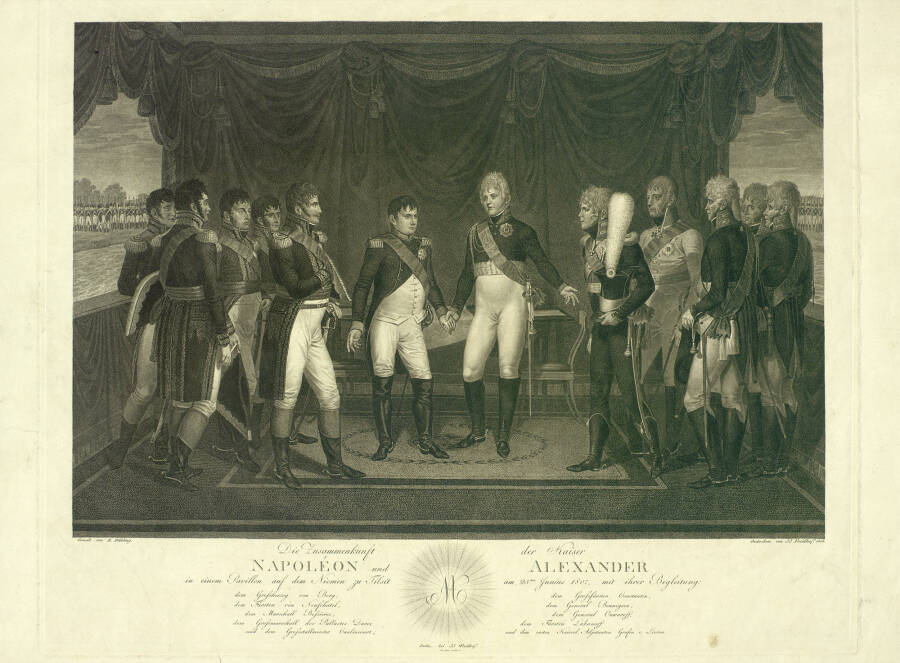 Встреча в Тильзите Делинг Г. Фрайдхоф. Гравюра 1808 год