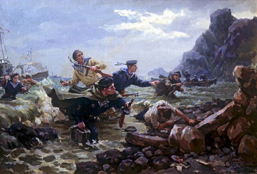 «Десант на Курильские острова». Картина художника Андрея Плотнова, 1948 год