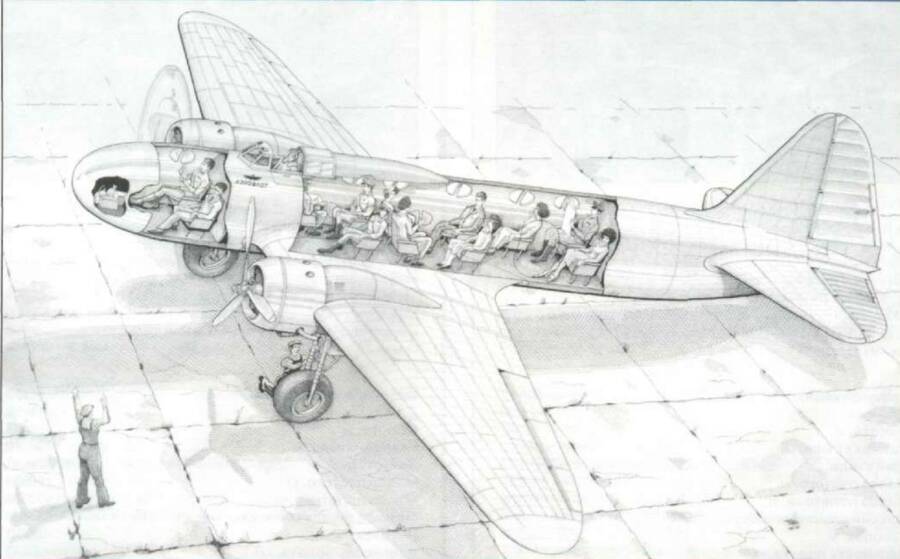 Схема размещения пассажиров в пассажирском варианте ДБ-3. По первоначальному плану, самолет должны были выпускать в военной и гражданской модификации