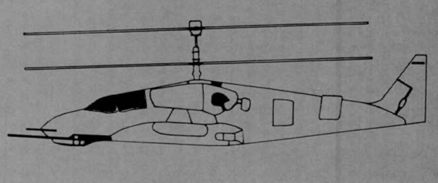 Рисунок предполагаемого силуэта перспективного ударного вертолета В-80 по мнению западных разведок, начало 1980-х