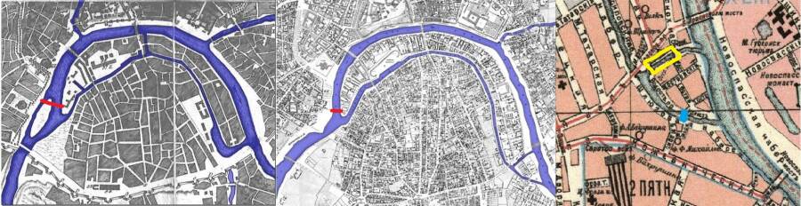 Водообводный канал в 1807 году, после реконструкции 1830-х и место шлюза (Космодамианская набережная). Красным обозначено расположение Бабьегородской плотины, синим – Краснохолмской, желтым – шлюз