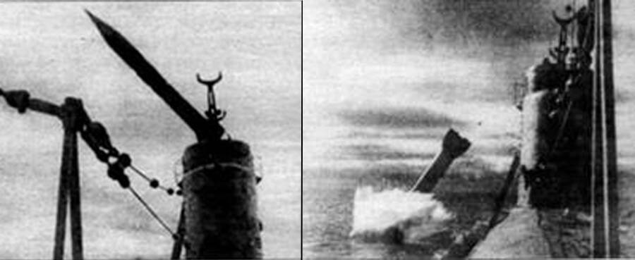Отработка аварийного сброса ракеты Р-11ФМ с подводной лодки Б-67. На левом снимке хорошо видно оборудование для удержания ракеты на стартовом столе
