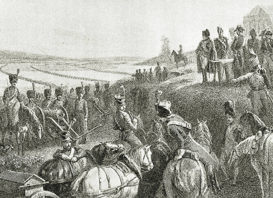 Переход французской армии через Неман. Гравюра Леопольда Бейера по рисунку Огюста Раффе