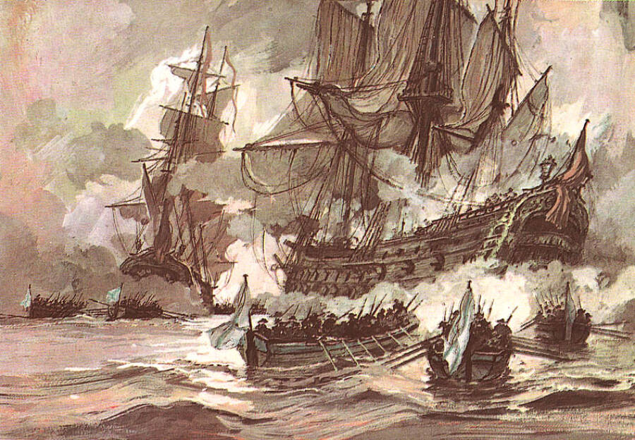 Фрегат «Святой Георгий» (слева) атакует турецкий линейный корабль «Мансурие». Рисунок из сборника статей по истории флота «Бриз»