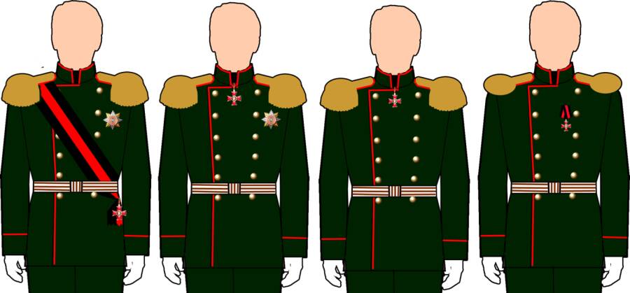 Правила ношения степеней ордена Св. Владимира (слева направо с 1-й по 4-ю)
