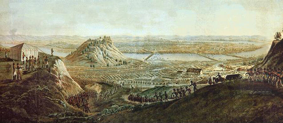 «Переход французской армии через Неман 12 июня 1812 года». Гравюра Игнатия Себастьяна Клаубера по рисунку участника похода Дж-П. Бажетти