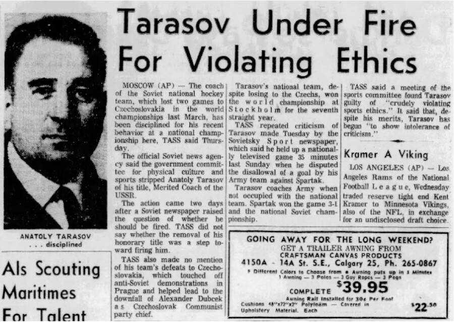 «Calgary Herald» об увольнении Тарасова из сб.СССР