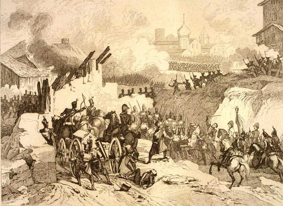 Битва русской и французской армий за Малоярославец 24 октября 1812 года. Гравюра Жана-Батиста Мартине