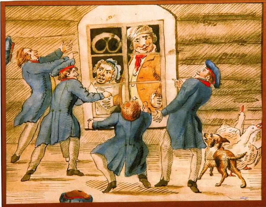 Лицеисты перед окном булочной. Карикатура к журналу «Лицейский мудрец». 1816 год