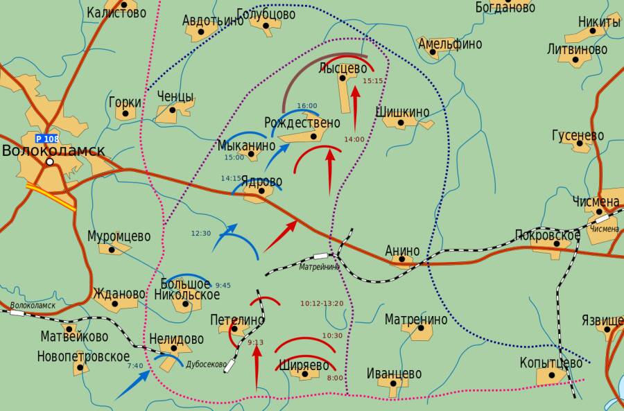 Прорыв немецких войск на Волоколамском направлении 16-21 ноября 1941 года. Красными стрелками отмечено продвижение 1-й боевой группы сквозь боевые порядки 1075-го стрелкового полка на участке Нелидово-Дубосеково-Ширяево, синими — второй. Пунктиром обозначены линии фронта на вечер 15, 16 и 17 ноября (розовым, фиолетовым и синим, соответственно)