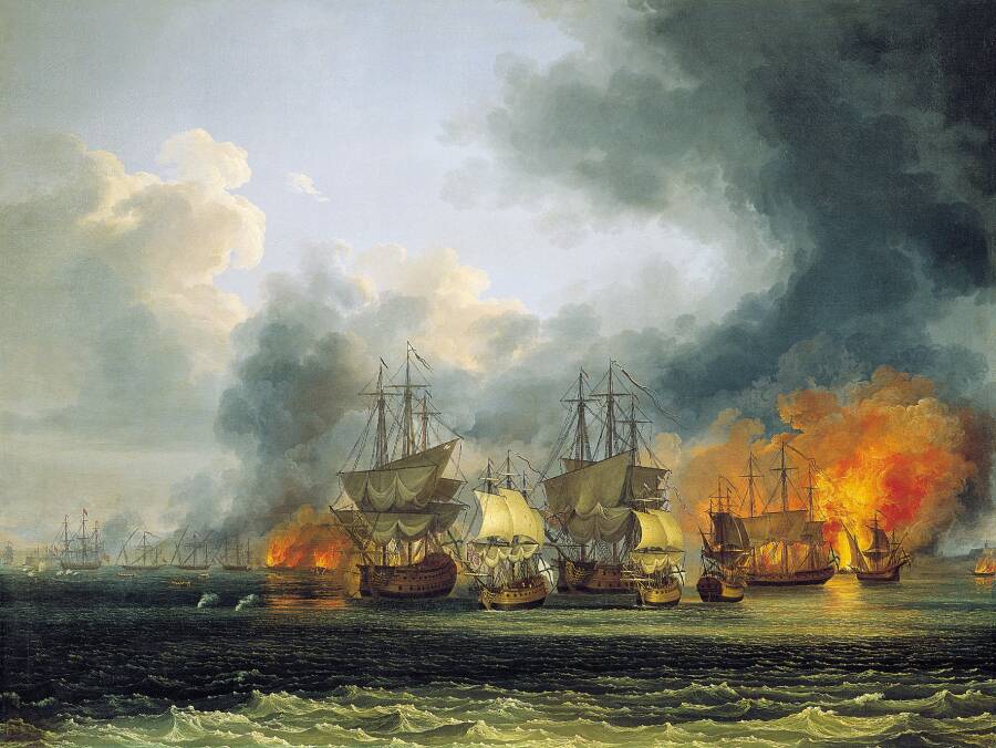 «Сражение у города Патрас». Картина Якоба Филиппа Гаккерта, 1778 год