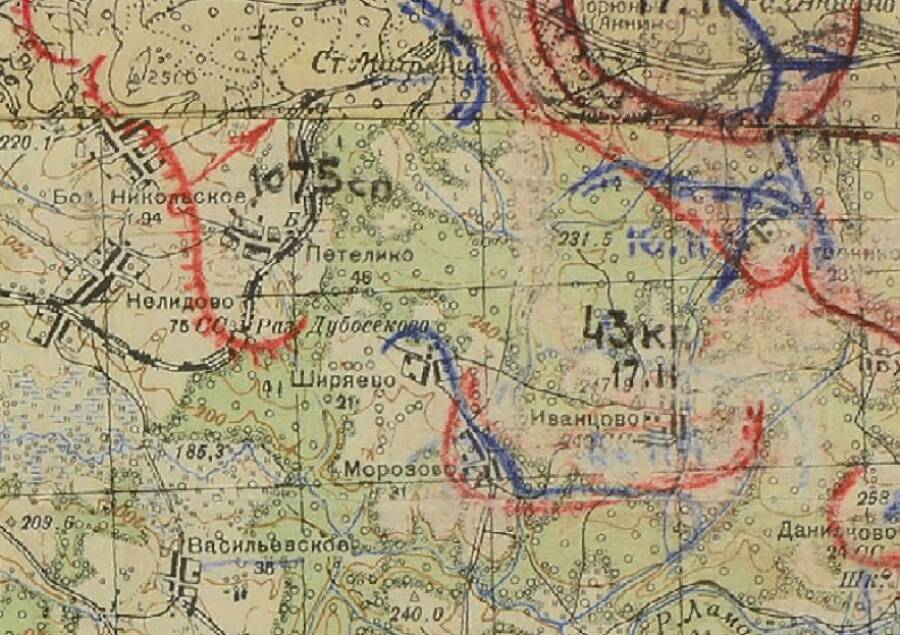 Отчетная карта обстановки Западного фронта с 16 по 19.11.41 г.  На карте видно, что разъезд Дубосеково обороняли
