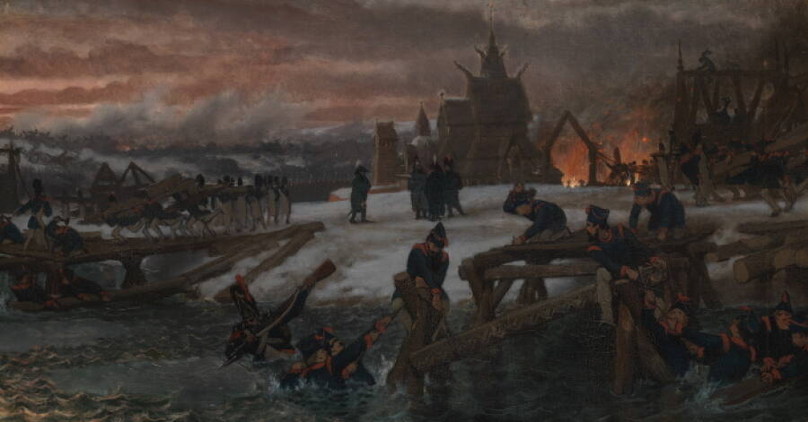 «Наведение понтонов французами через Березину». Картина художника Лоуренса Альма-Тадема, 1869 год