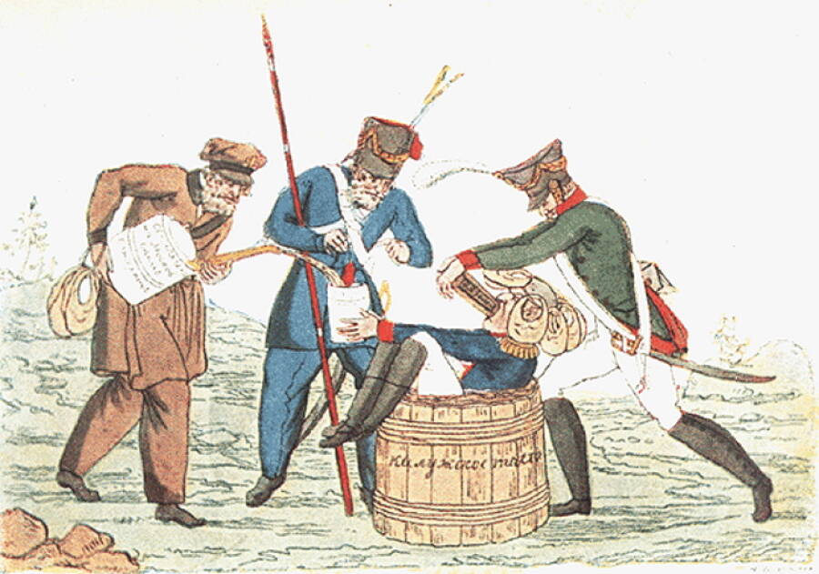 «Угощение Наполеона в России», карикатура Ивана Теребенева, 1813 год. На рисунке представлены все три составных части русских вооруженных сил того времени: ополченцы и партизаны (слева), иррегулярные войска (в центре) и регулярная армия (справа)