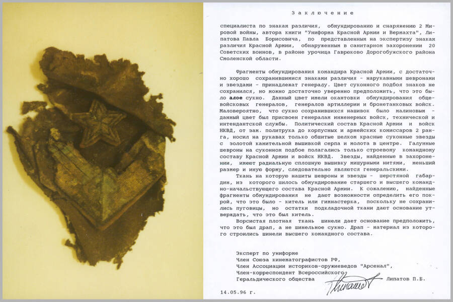 Один из обнаруженных генеральских нарукавных шевронов  и заключение о нем эксперта по униформе П.Б. Липатова
