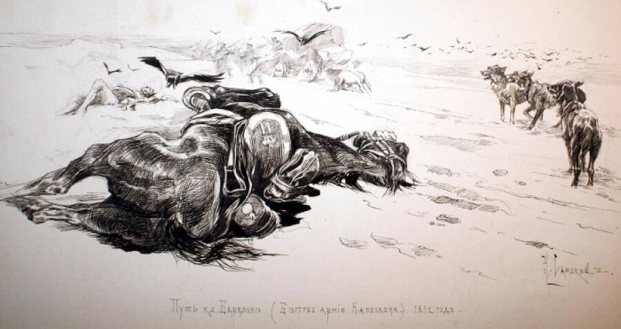 «Путь к Березине (Бегство армии Наполеона)». Рисунок художника Николая Самокиша, 1894 год