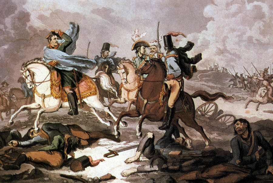 «Паническое бегство Наполеона после битвы под Красным». Английская гравюра, 1813 г.