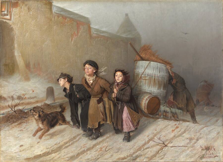 «Тройка. Ученики-мастеровые везут воду». 1866 год. Государственная Третьяковская галерея