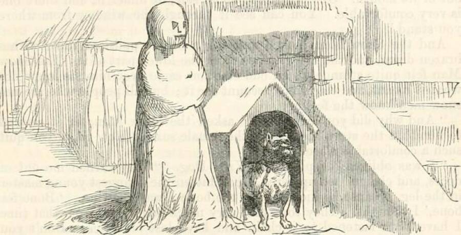 Снеговик получает романтический совет от собаки в сказке Ганса Христиана Андерсена. Иллюстрация 1880-х годов