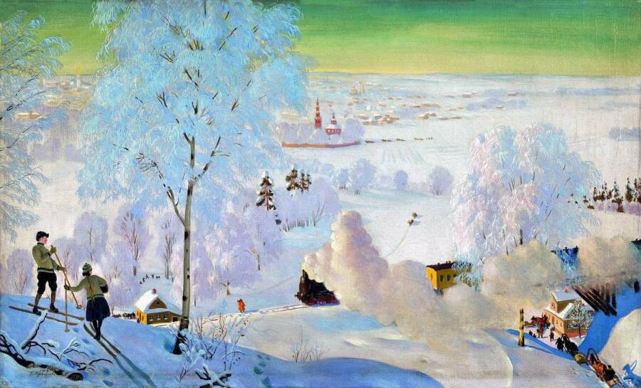 Лыжники. Морозный день. Художник Борис Кустодиев, 1919 год