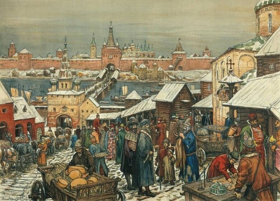 «Новгородский торг». Картина художника Аполлинария Васнецова, 1908-1909 гг.