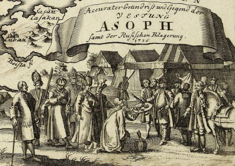 Капитуляция Азова в 1736 году. Азовский паша Мустафа Ага вручает графу Ласси ключи от города