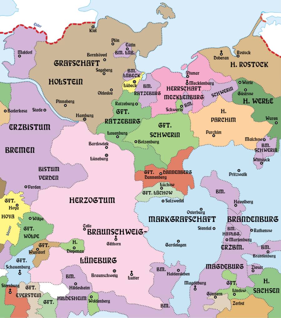 Голштейн на карте Священной Римской империи 1250 года. 