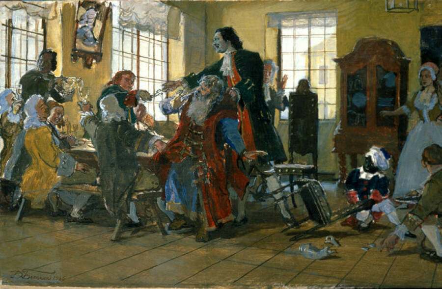 «Петр I стрижет бороды боярам». Картина художника Дмитрия Белюкина, 1985 год.