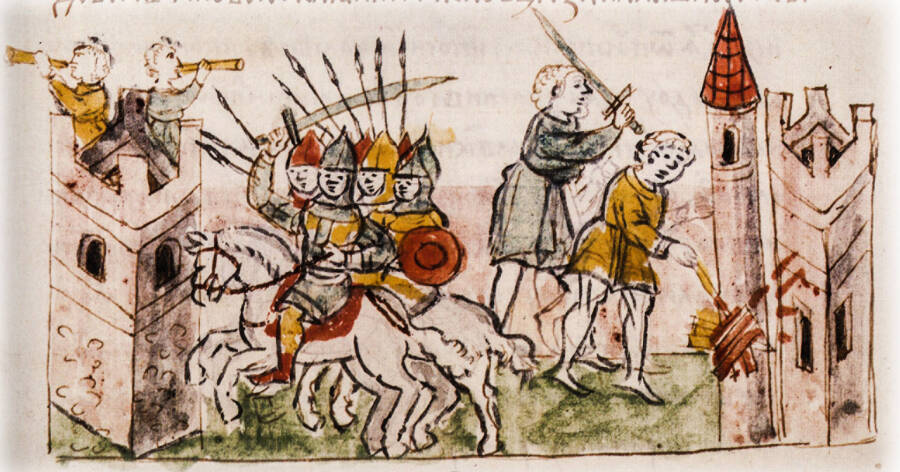 Нападение половцев на Киев в 1096 году. Миниатюра из Радзивилловской летописи. 
