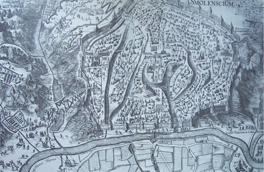 Гравюра Вильгельма Гондиуса «План осады Смоленска». 1636 год.