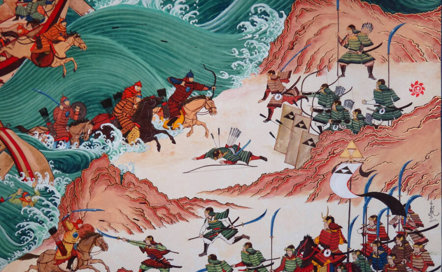 Уцелевшие в шторме остатки монгольской армии были разбиты японцами. Средневековое изображение
