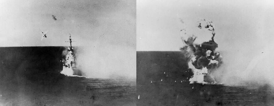 Самолет летчика-камикадзе атаковал крейсер «Колумбия» в заливе Лингаен, 6 января 1945 года