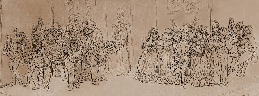 Эскиз к спектаклю «Ревизор» по личным наброскам Н.В. Гоголя – знаменитая «немая сцена», 1836 год. 