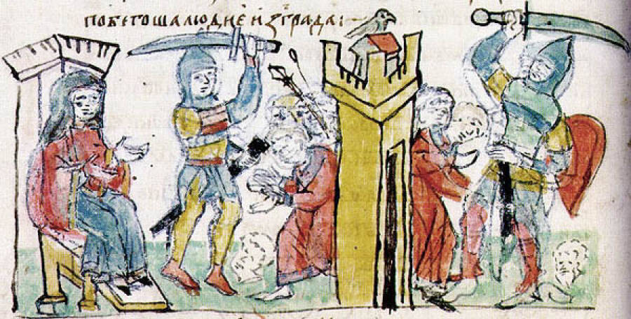 Четвёртая месть Ольги древлянам. Миниатюра из Радзивилловской летописи, XV век