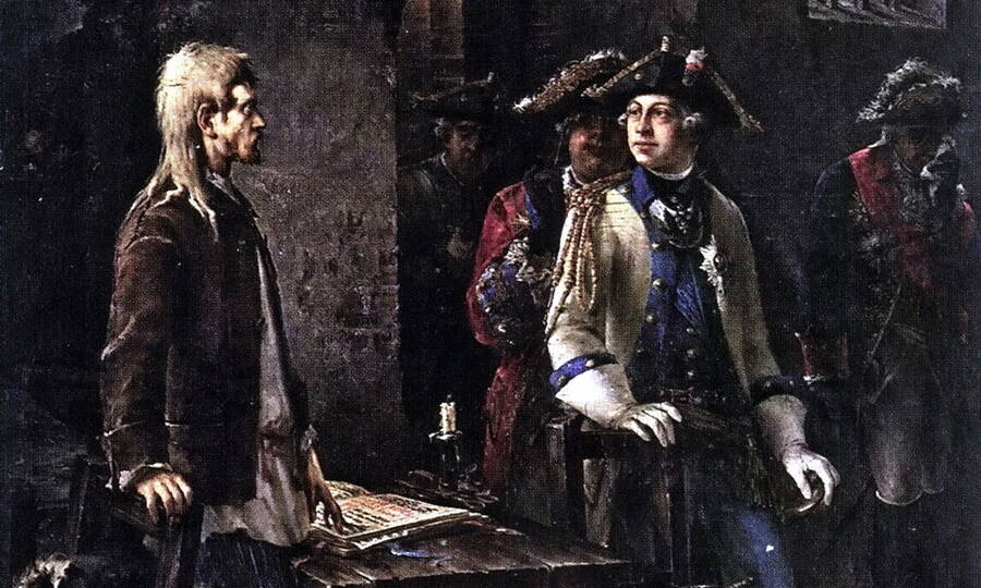 Пётр III посещает Иоанна Антоновича в его шлиссельбургской камере. Фрагмент картины художника Ф.Е. Бурова, 1885 год. 