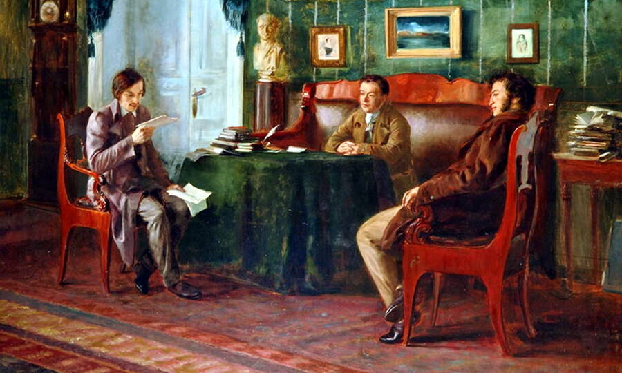 Гоголь и Жуковский у Пушкина в Царском Селе. Художник П.И. Геллер, 1910 год. 