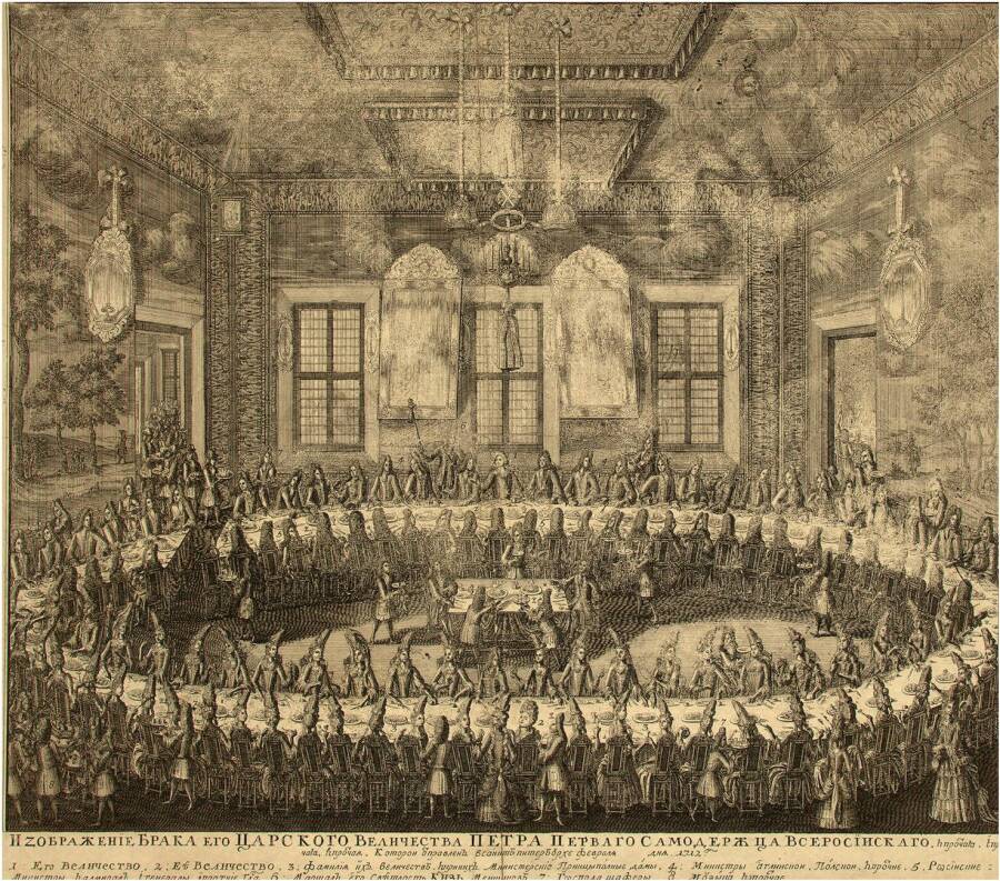 Свадьба Петра I и Екатерины в 1712 году. Гравюра А.Ф. Зубова, 1712