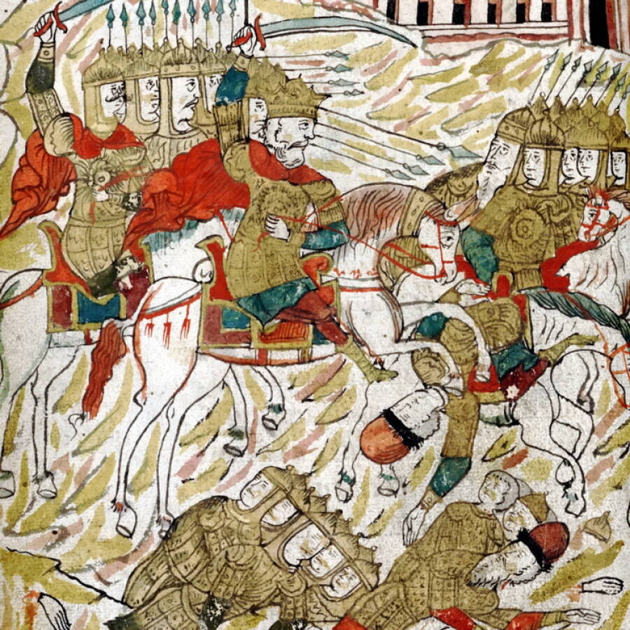 Битва на реке Сить и гибель благоверного князя Юрия II. Миниатюра из Жития Ефросинии Суздальской, XVII век.